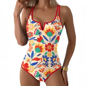 Aleumdr Women's One Piece Swimsuit Tummy Control V Wired Slimming Bathing Suit Color Block Printed Swimwear SwimWeek Vacationoutfits Summerstyle