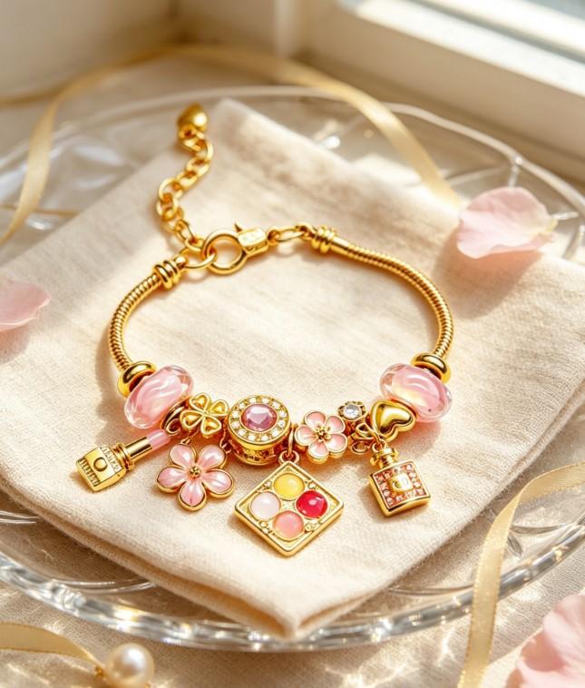 Gold Snake Chain Charm Bracelet for Women, Pink Enamel Flower Lipstick Perfume Palette Crystal Beads Dainty Jewelry Gift Gold Snake Chain Charm Bracelet for Women, Pink Enamel Flower Lipstick Perfume Palette Crystal Beads Dainty Jewelry Gift