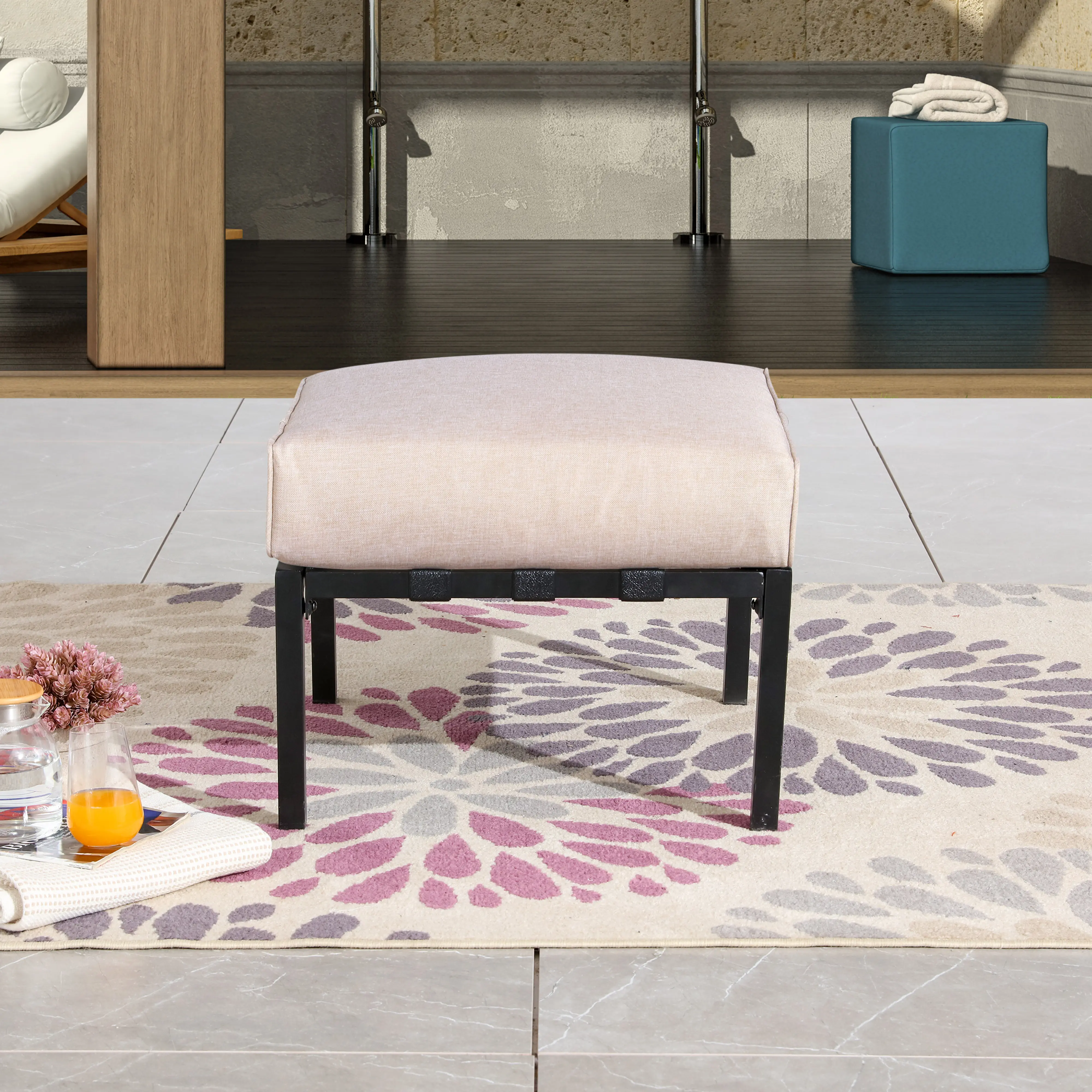 LOKATSE HOME Outdoor Patio Ottoman Metal Footstool with Soft Thick Cushion for Backyard Deck Lawn Garden