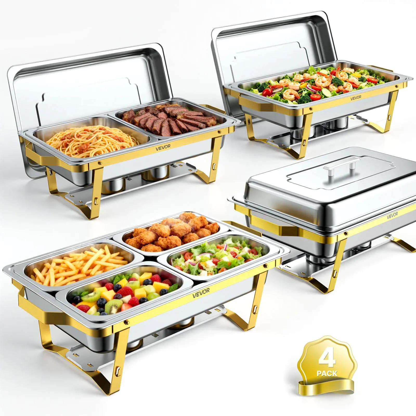 VEVOR 4-Pack 9QT Stainless Steel Rectangular Chafing Dishes Buffet Set, Buffet Server Warmer with 2 Full/2 Half/4 Fourth-Size Pans, Fuel Holder, Tong, Glass Pad for Banquet, Wedding, Full/Half Pans