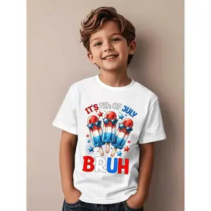 Humorous Boys' 4Th of July BRUH Graphic Tee - Patriotic Red, Blue & Bruh Design - Outfit for Kids' Birthday & Independence Day - Washable Boys' Apparel, Casual Kids' Clothing, Popsicle Print Shirt, Comfortable Style