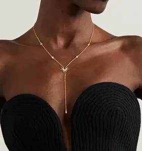 Tewiky Lariat 14K Gold Plated Necklace for Women, Dainty Y Necklace Trendy Long Copper Necklaces 14K Gold Plated Layered Y-Shaped Zircon Pendant Necklace CZ Beaded Infinity Chain Drop Necklaces Simple Gold Jewelry Gift For Valentine's Day gifts