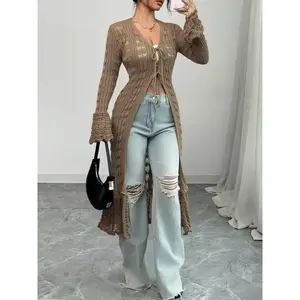 Women's Solid Color Knitting Cardigan, Elegant Fashion Casual Tie Front Cardigan, Women Knitwear for Daily Outdoor Wear