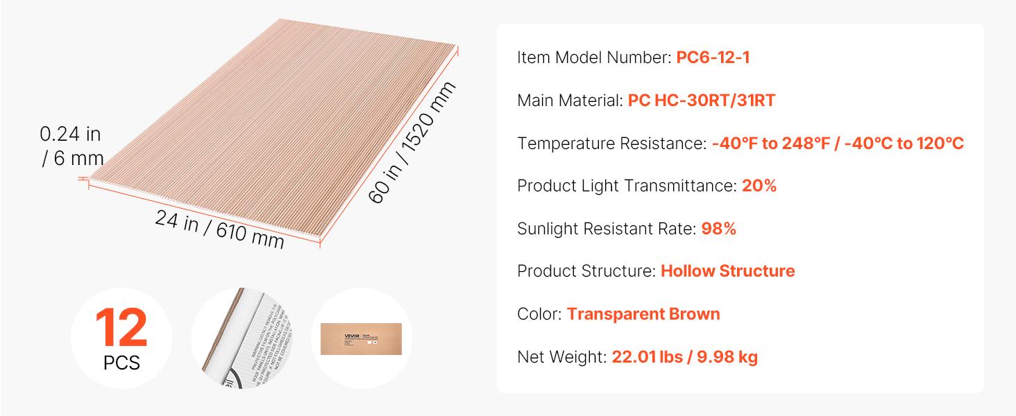 VEVOR Roof Panels, 12Pcs Polycarbonate Roofing Panels Double Layer, High Impact Corrugated Plastic Greenhouse Replacement Cover, Waterproof for Gazebos, Chicken Coops, Home, Garden (5' x 2' x 0.24") VEVOR Roof Panels, 12Pcs Polycarbonate Roofing Panels Double Layer, High Impact Corrugated Plastic Greenhouse Replacement Cover, Waterproof for Gazebos, Chicken Coops, Home, Garden (5' x 2' x 0.24")
