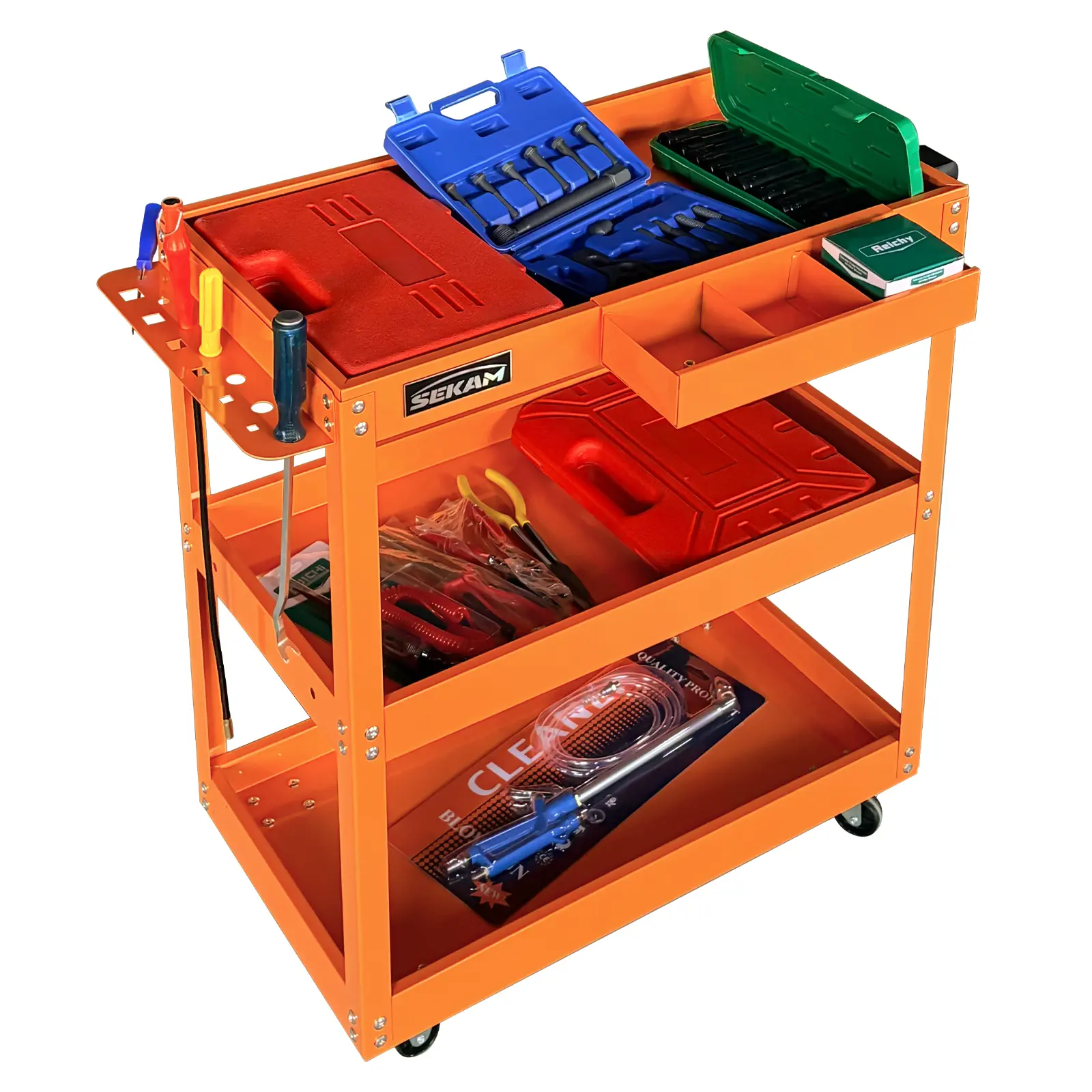 SEKAM 3-Tier Metal Tool Cart with Wheels, 330 LBS Heavy Duty Utility Cart & Rolling Mechanic Cart, Industrial Storage Organizer for Garage, Warehouse, Workshop & Kitchen