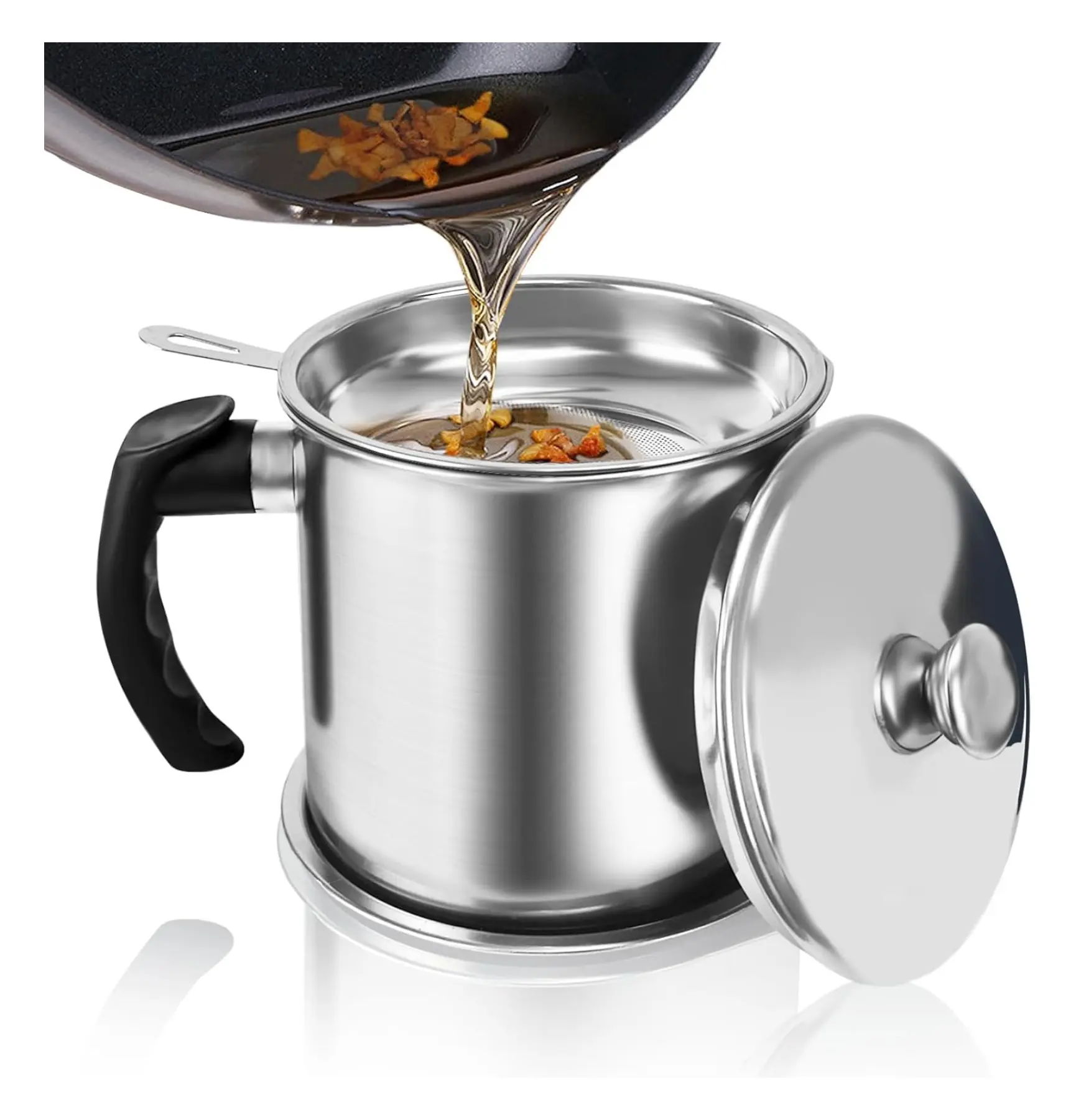 1.3L (46 fl. oz.) Bacon Grease Container With Strainer  Kitchen Stainless Steel Oil Container Can with Strainer and Anti-slip coaster tray for Store Meat Frying Oil and Cooking Grease Storage