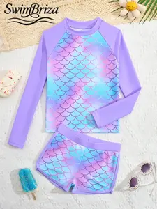 Briza｜Long Sleeve Tankini Swimsuits Set In Lavender Mermaid Scale Print, Tankini Suit With Tankini With Shorts And Swim Shirt, Swimsuits 2 Piece Bathing Suits 2 Piece Set Two-Piece Swimsuit Bathing Suit For Bathing Suits For The Summer