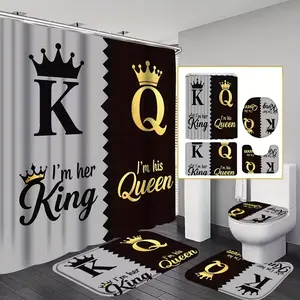 1/4pc King and Queen Pattern Shower Curtain Set, Bathroom Shower Equipment, including shower curtain, toilet seat cover, rectangular mat, and U-shaped mat, perfect for bathroom décor, beautifying the space. Comes with 12 shower curtain hooks.