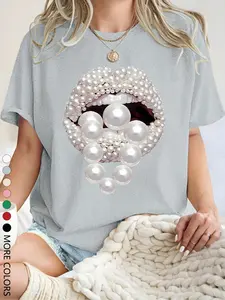 Women's Pearl Decorated Lip Print Round Neck Tee, Fashion Casual Crew Neck T-Shirt for Daily Holiday Vacation Outdoor Wear, Ladies Clothes for Summer, Top