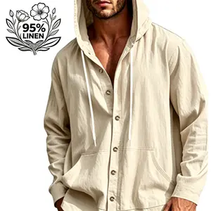 Men’s 95% linen long-sleeve hooded shirt, loose casual fit, men’s commuter top, natural wood vintage button design, two large front pockets, lightweight breathable linen fabric, for outdoor everyday wear, trendy casual menswear
