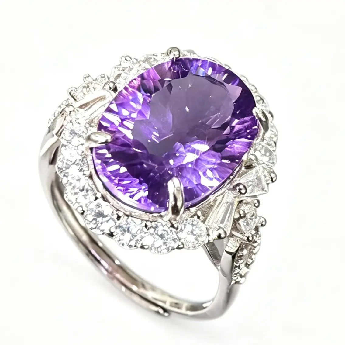 13.8×9.9mm Oval Amethyst Halo Ring 925 Sterling Silver Adjustable | Natural Amethyst CZ Statement Ring