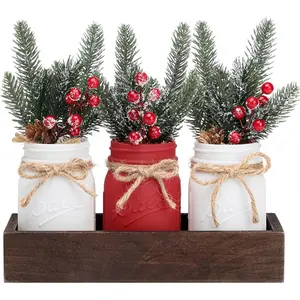 Christmas Table Centerpiece: Wooden Tray with 3 Decorative Painted Jars Christmas Table Centerpiece Ornament Rustic-Style Dining Table & Kitchen Decor Home Accent