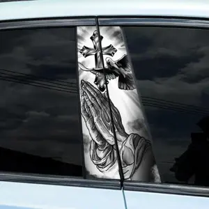 Christian Cross Car Stickers 2-Pack Waterproof Vinyl Decals for Sun Protection with Praying Hands and Dove Design