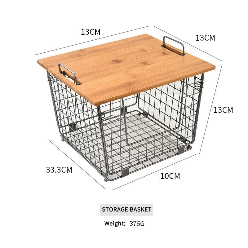 Stackable Metal Wire Basket with Bamboo Lid — Kitchen Countertop Organization & Storage — Cabinet, Shelf, and Counter Space-Saving Organizer — Snack, Fruit, Onion, Potato, Bread Storage Basket