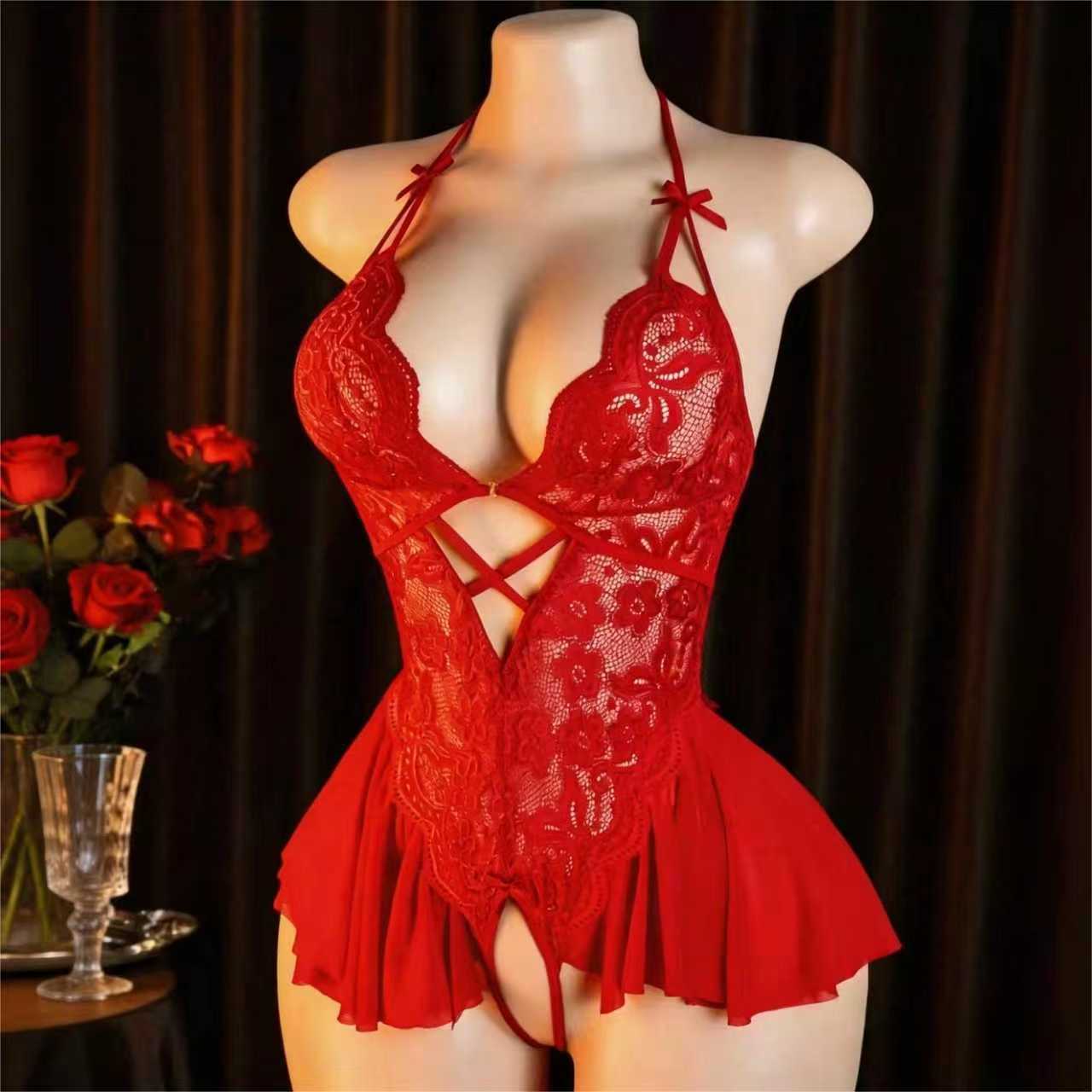 Sexy Lingerie for Women Deep V Teddy Sheer Lace Bodysuit Snap Crotch One Piece