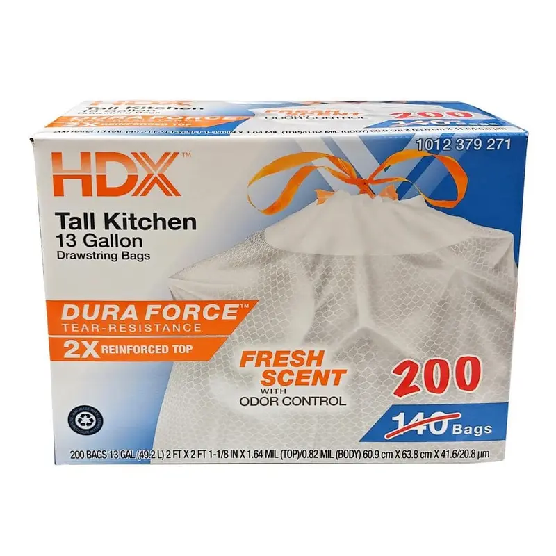 13 Gallon Reinforced Top Drawstring Fresh Scented Tall Kitchen Trash Bags with 20% PCR (200-Count)