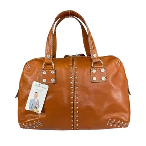 Pre-owned MICHAEL KORS Leather Tote Bags Astor Studded Equestrian SHW Distressed Tan Satchel