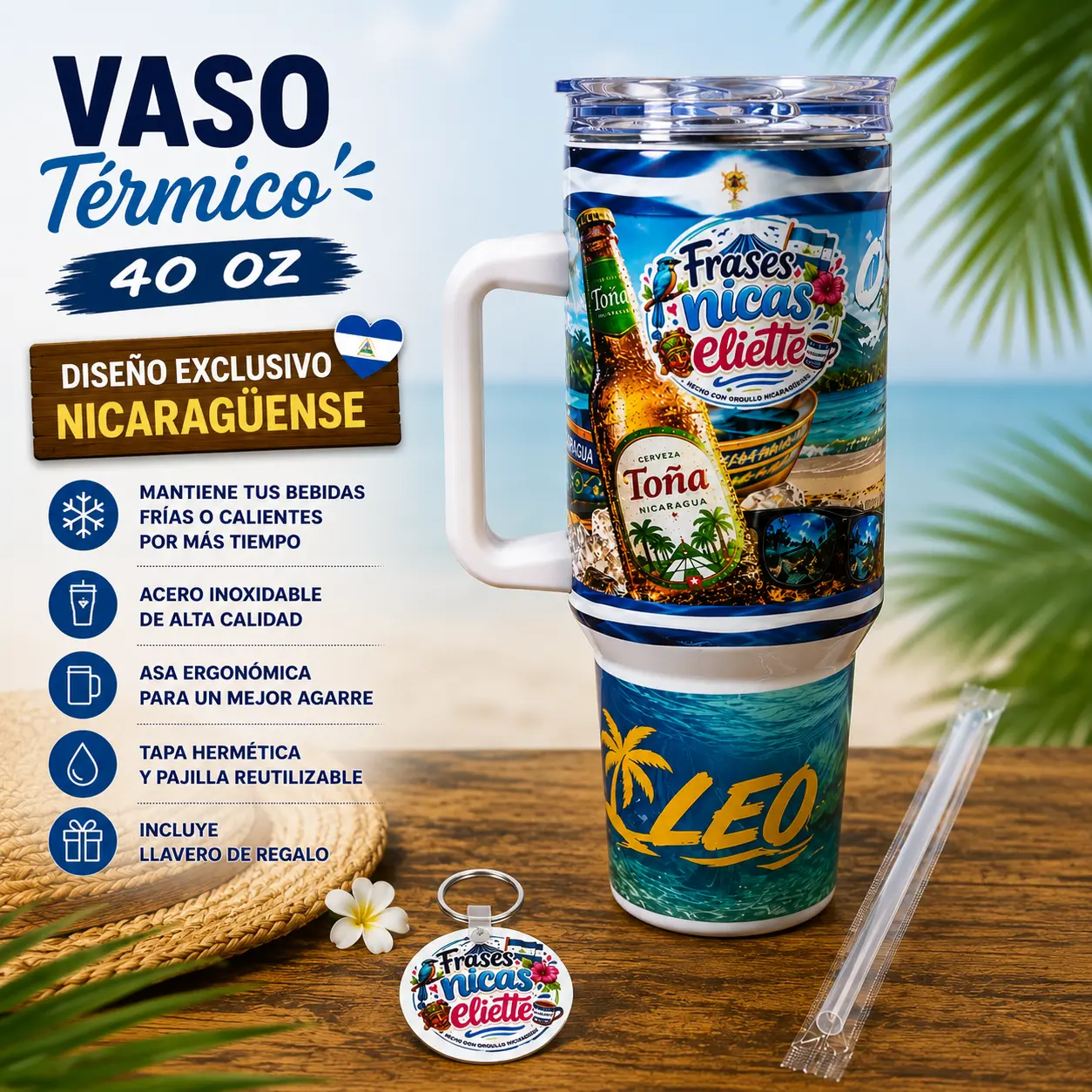 Vaso Térmico 40 oz con Asa – Diseño Exclusivo Nicaragua  | Toña, Playa y Frases Nicas | También lo Personalizamos a tu Gusto - Incluye Pajilla y Llavero