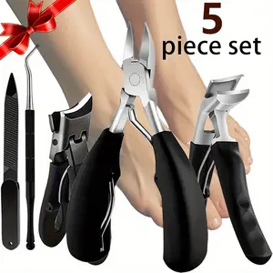 5-Piece Senior Thick Toe Nail Clippers Set, Men's Slanted Toenail Trimmer, Wide Opening Sharp Inner Nails, Long Handle, Nail Care Tool
