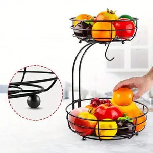 Organizador defrutas 2-Tier Metal Wire Fruit Basket With One Banana Hangers Black Kitchen Countertop Storage For Fruits And Vegetables 2 Tier