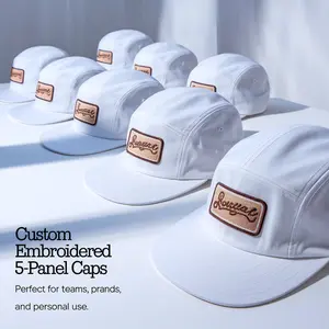 6 White 5-Panel Caps with Custom Embroidered Patch (6K-8K Stitches)