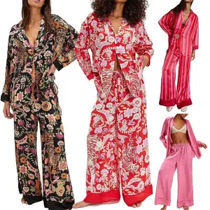 Women’s satin pajama set; floral silk pajamas; two-piece lounge sets; button-down shirts; wide-leg pants; sleepwear; homewear; nightwear; long-sleeve loungewear