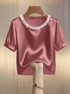 Women's French Style Round Neck Imitated Pearl Collar Short Sleeve T-Shirt, Summer High-End Fashion Top, Slim-Fitting Fitted Casual Wear, Womenswear