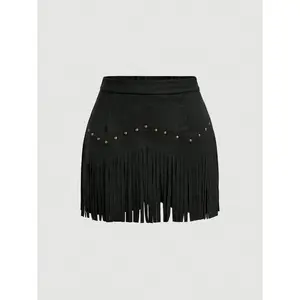 Women's retro hippie studded tassel black suede A-line skirt, autumn skirt, Nashville outfit, pirate skirt