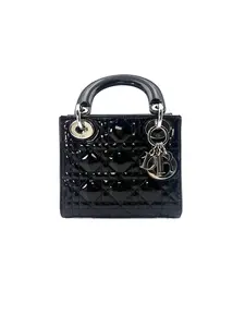 Pre-owned Dior patent leather Crossbody Bags Christian Lady Black Patent Cannage Leather Handle Bag With Silver Charms DR519