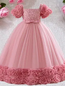 Girl's Floral Appliques Bow Belt Contrast Mesh & Sequin Zipper Back Dress, Elegant Puff Sleeve Square Neck A Line Dress for Party Performance Celebration