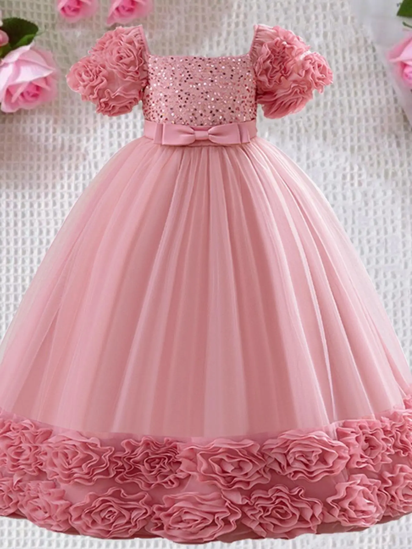 Girl's Floral Appliques Bow Belt Contrast Mesh & Sequin Zipper Back Dress, Elegant Puff Sleeve Square Neck A Line Dress for Party Performance Celebrat