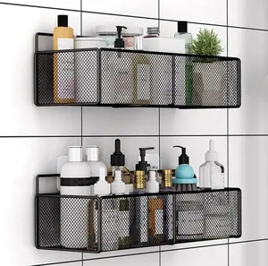 Large Black Wall-Mounted Storage Rack for Home 38CM Iron Cosmetic Organizer No Drill Hanging Shelf for Bathroom and Kitchen Supplies