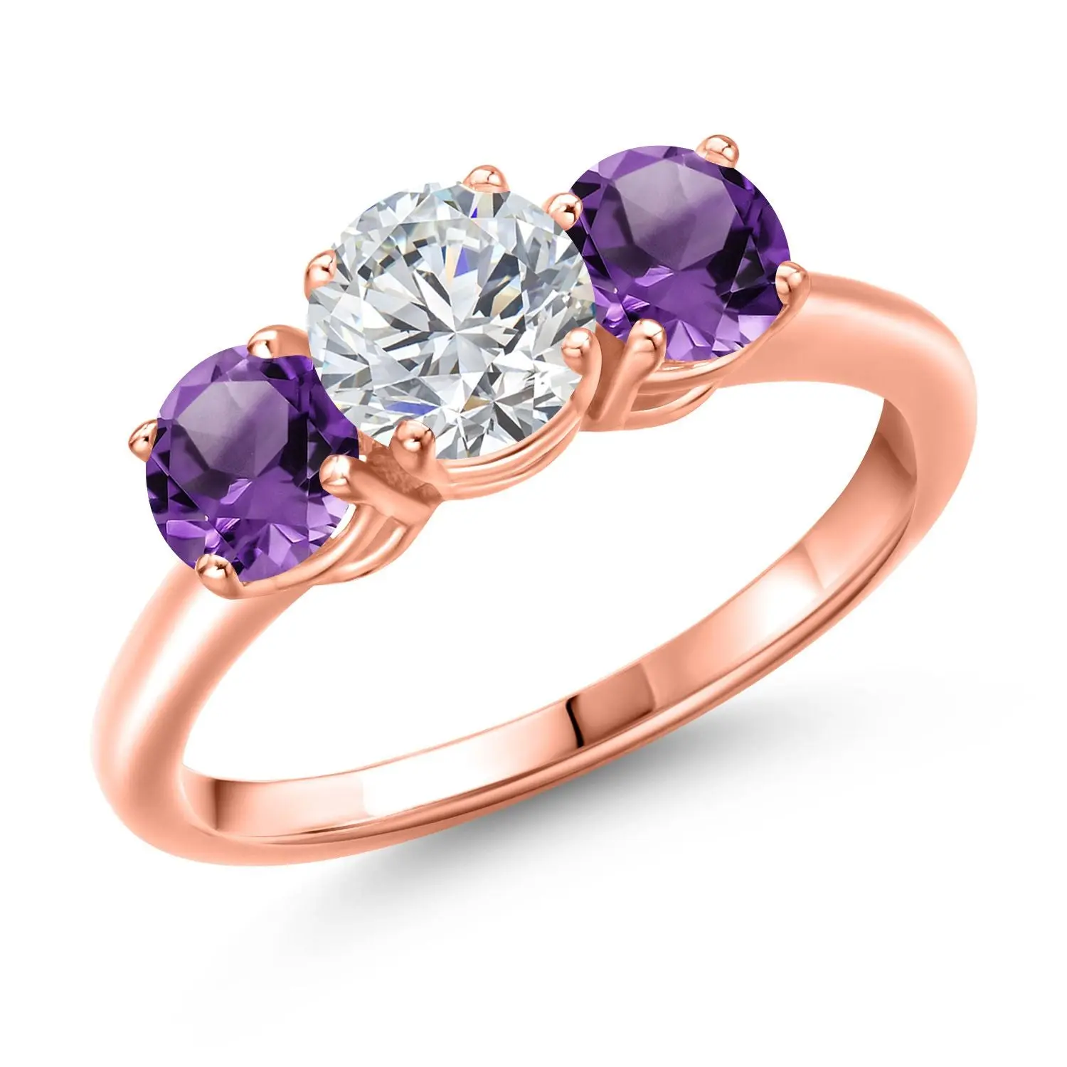 Gem Stone King 3-Stone Lab Grown Diamond and Gemstone Birthstone Ring for Women | 18K Rose Gold Plated Silver | Wedding Anniversary Promise Engagement Ring