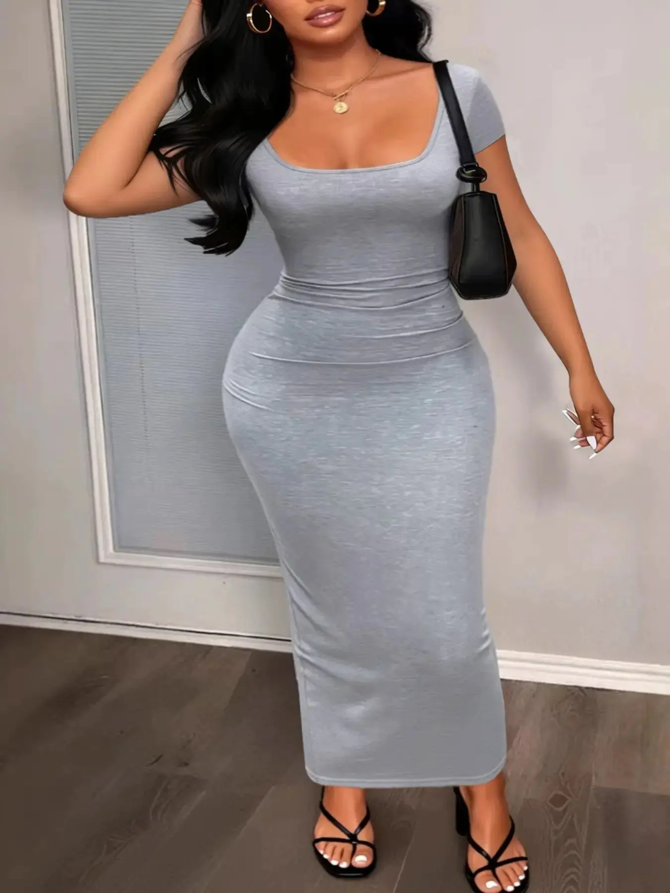 Women's Plain Scoop Neck Bodycon Dress, Casual Basic Short Sleeve Long Dress for Fall, Summer, Fall Outfits 2024, Ladies Clothes for Everyday Wear, Womenswear, Elegance