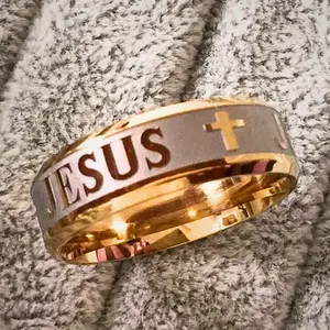 Jesus Cross Ring – 18K Gold Plated Christian Wedding Band Gift for Men & Women