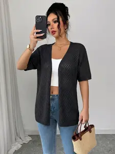 Summer New Pure Color Solid Hollow Out Short Sleeve Knit Cardigan, Vacation Beach Cover-Up Thin Soft Lightweight Jacket for Women, Casual Fashion Outerwear