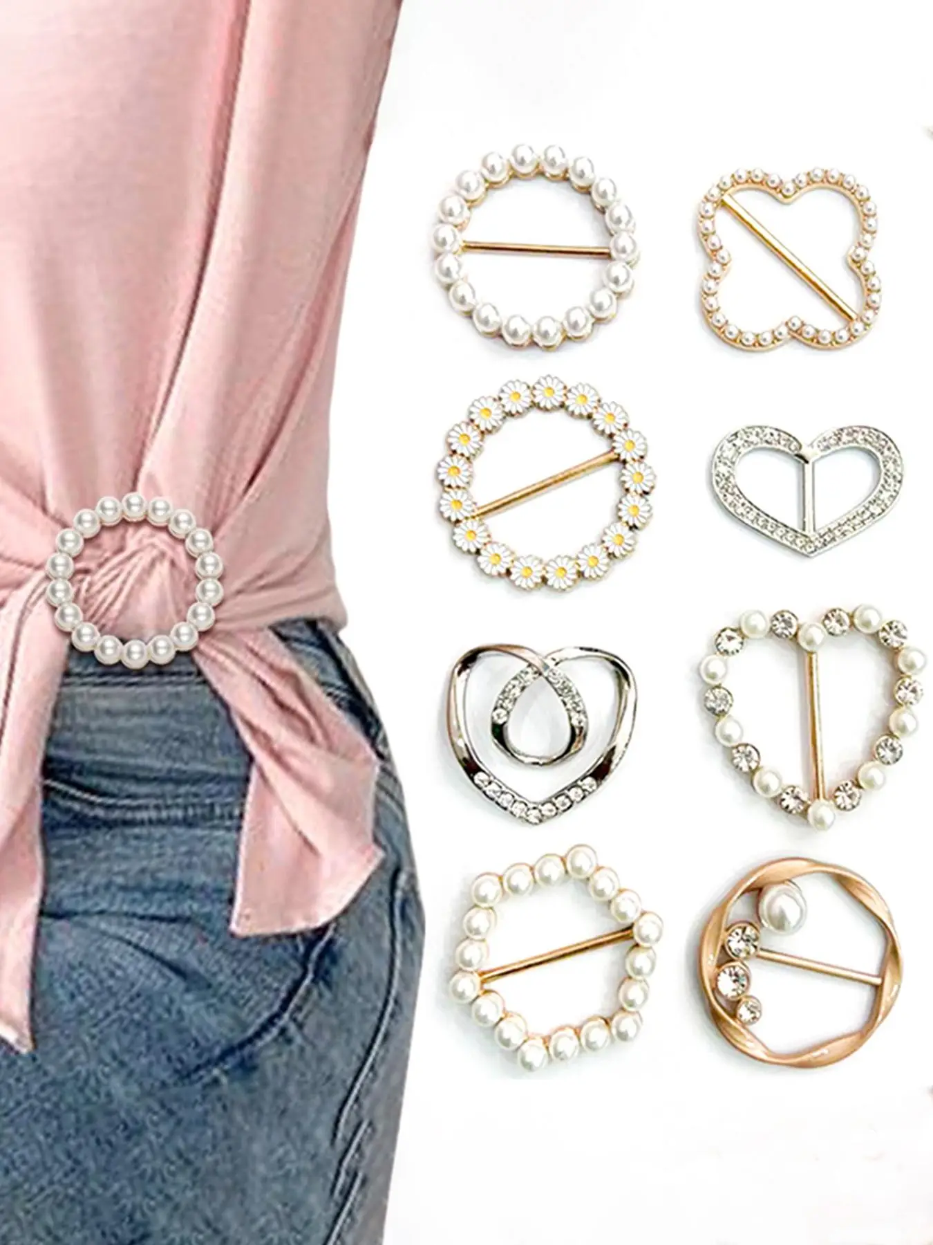 Faux Pearl & Rhinestone & Daisy Decorated Brooches, Elegant Hollow Out Heart & Geometric Design Brooch for Women, Fashion Brooch for Daily Clothing De