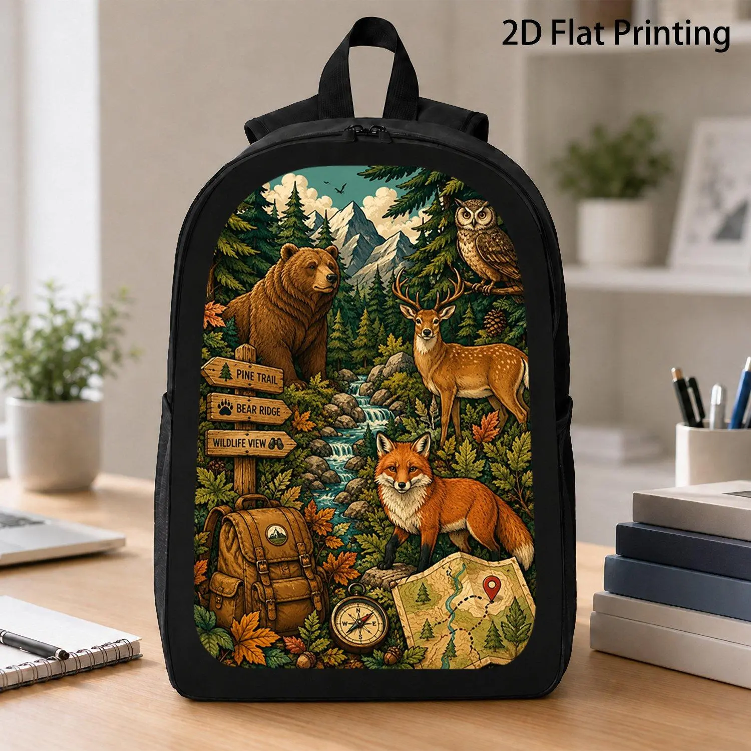 17 inch Backpack 1pc Forest Wildlife Bear Deer Fox Adventure Print Backpack Rustic Mountain Nature Graphic Backpack Comfort Laptop Backpack Casual Daily Backpack for Wilderness Enthusiasts