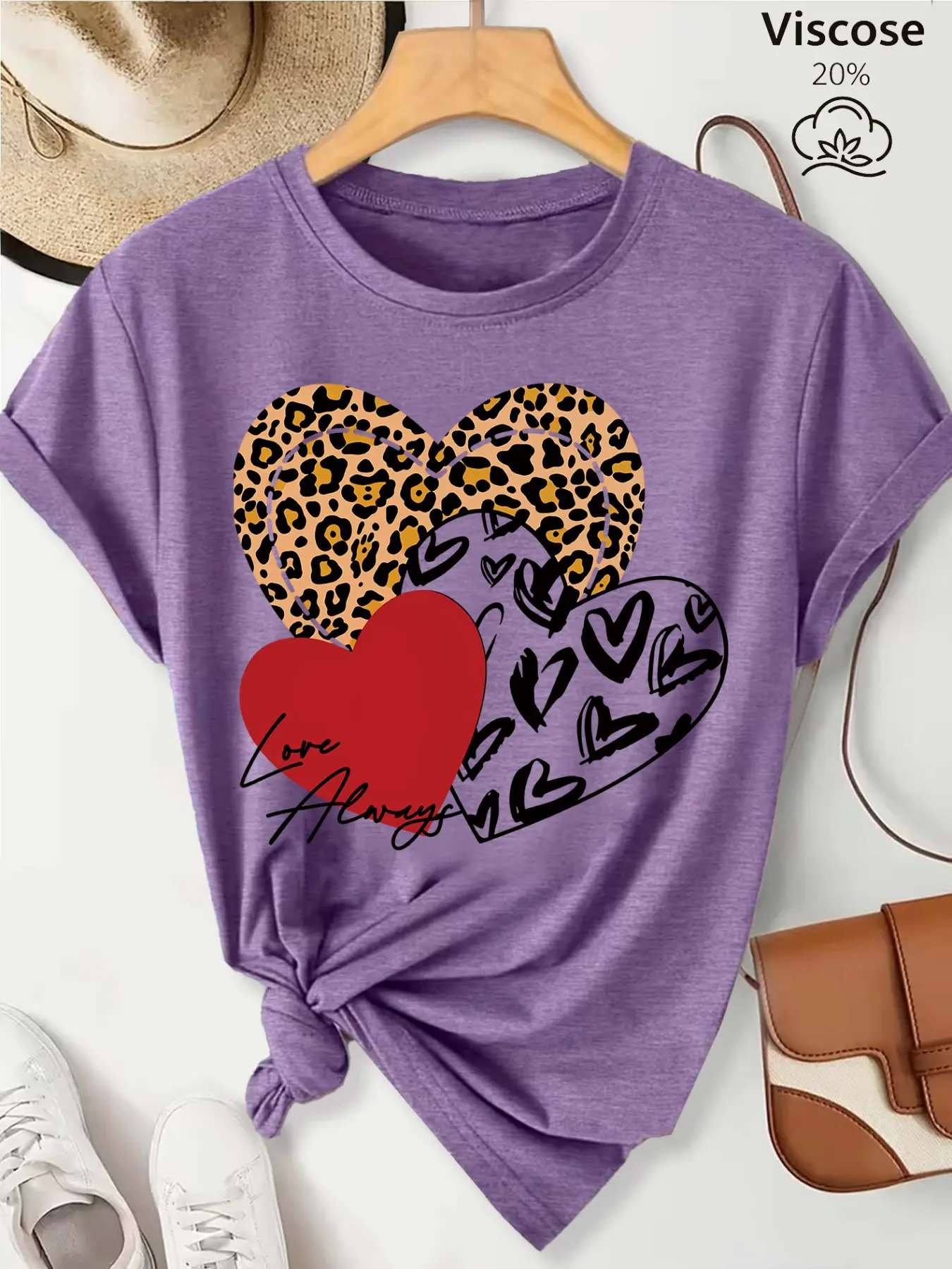 Women's Casual Short-Sleeve Crew Neck T-Shirt, Leopard Print Hearts & "Love Always" Slogan Print, Multiple Colors Available, Machine Washable, Spring & Summer Top, Soft Skin-Friendly Fabric, Daily Versatile, Fashion Design