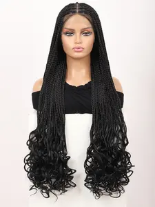 36-Inch Full Lace Front Knotless Box Braided Wig with Baby Hair, Super Long Curly Fiber Lace Braid Wig, Trendy Daily Wear for Women