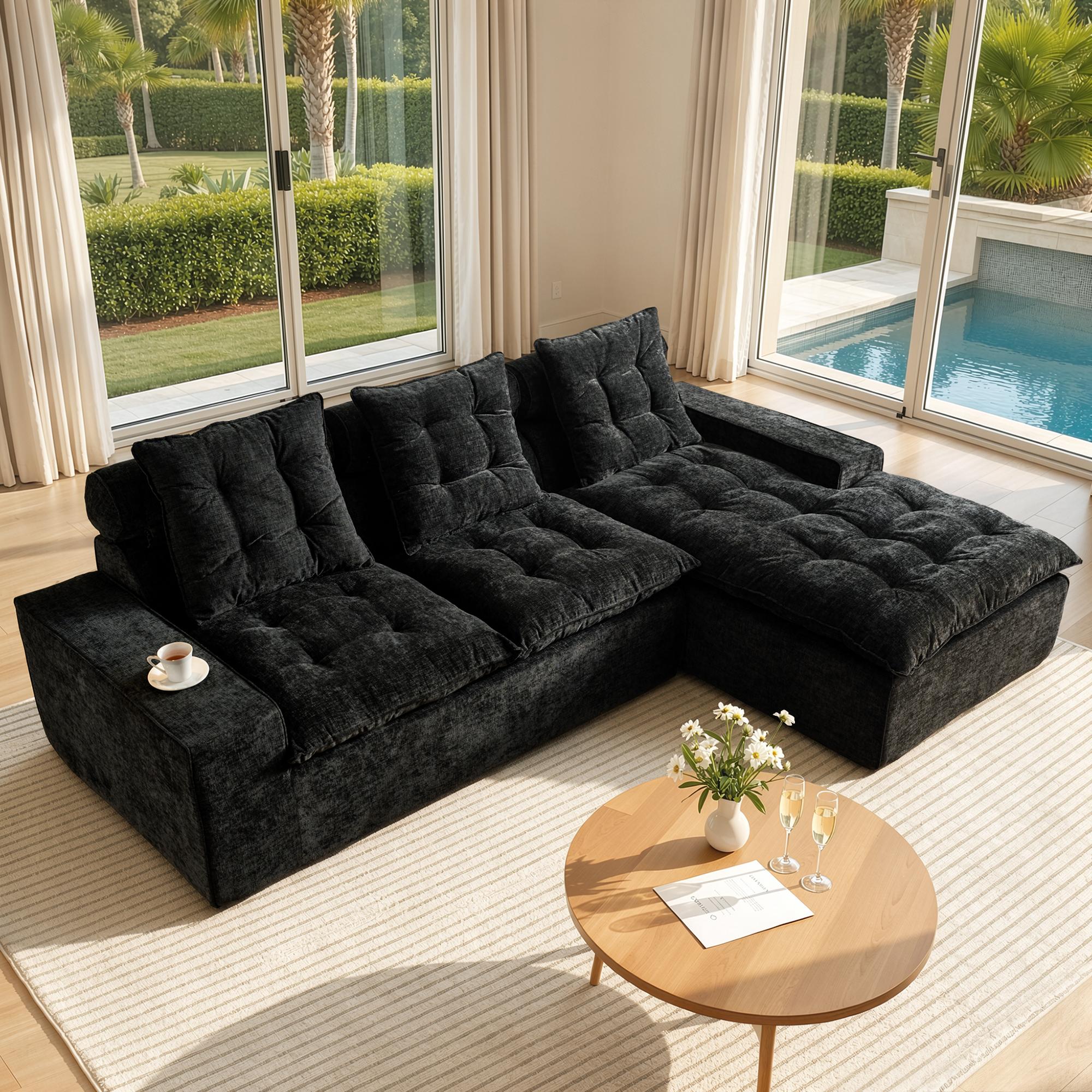 【Back To School】OVIOS 106" Modular Cloud Couch, Oversized Deep Seat Chenille Sectional Sofa with Chaise, Boneless No-Assembly L-Shaped Couch for Living Room, Apartment & Home Theater, Cream White