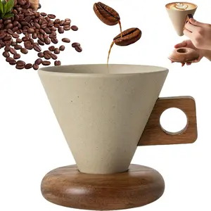 Elegant Conical Coffee Cup,Retro ceramic coffee mug,Vintage Cone Shaped Coffee Mug With Wooden Handle,Striped Cone Shaped Coffee Mug,Creative Solid Wood Handle and Coaster - Suitable for Home