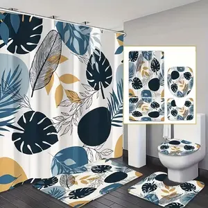 1/4pcs Minimalist European Tropical Leaf Shower Curtain Set, Non-Slip Mat, U-Shaped Rug, Toilet Lid Cover, Includes 12 Hooks, Bathroom Supplies