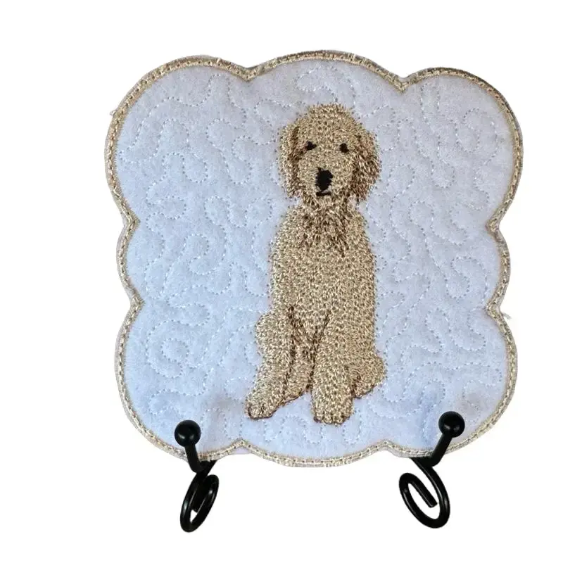 Machine-Embroidered Quilted Felt Goldendoodle Poodle Puppy Coasters with Felt Backing - Animals-Themed, Unique Canine Charm, Versatile for Coasters or Tabletop Art, 3 Stand Options, Kitchen Tableware Decor (Other Breeds Available)
