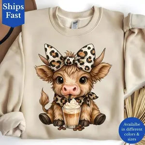 Highland Cow Sweatshirt or T-Shirt, Cute Cow with Leopard Bow & Scarf, Iced Coffee Cow Graphic, Farm Animal Lover Gift for Women 6D5