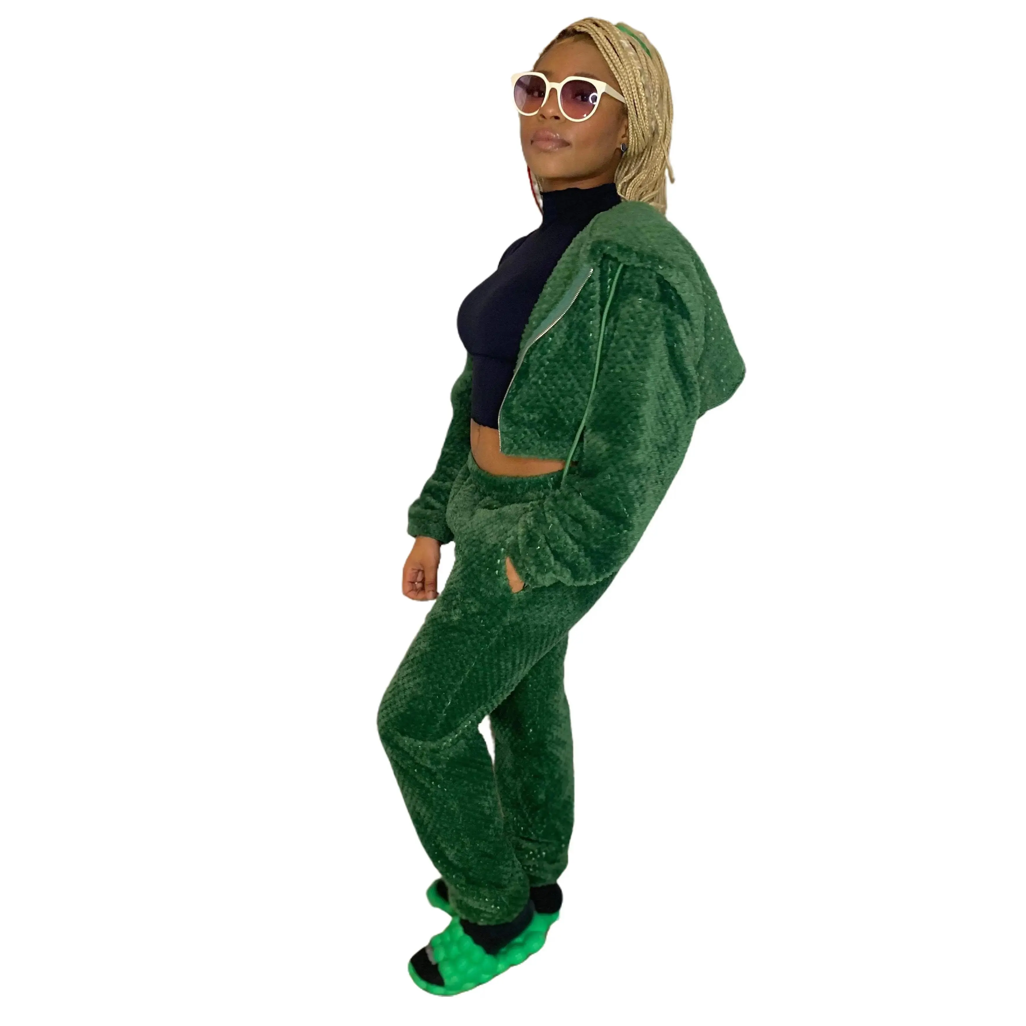 Green Comfy Cropped Hoodie/High Waisted Jogger Two Piece Set