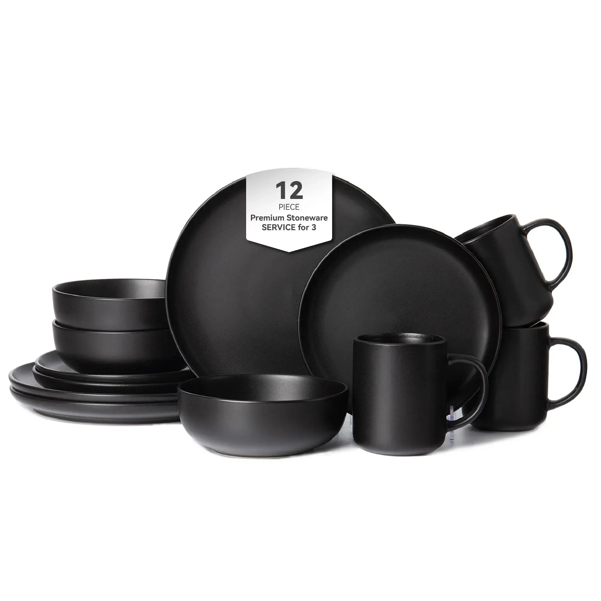 Matte Glaze Stoneware  Set - 12-Piece for 3, Stackable, Non-Toxic, Microwave & Dishwasher Safe Plates, Bowls & Mugs Kitchen Tableware utensil modern dinnerware cutlery travel food party festival spoon fork knife fruit decor series simi