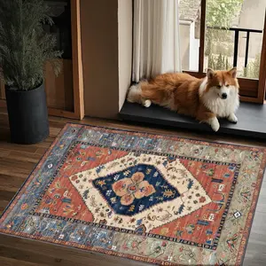 Velvet Rug European Vintage Blue Patterned Long Rectangle Carpet, Soft Comfortable Non-Shedding Home Decor Mat