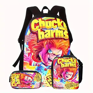 Chucky Horror Movie 3 Unisex Backpack Set - Includes School Bag, Pencil Case & Lunch Box with Adjustable Straps, Large Capacity Laptop Compartment, Vibrant Comic Book Design, Perfect for Daily Commuting & Gifts, Backpack for Schoo