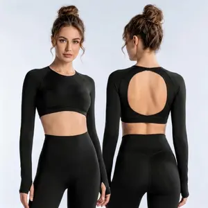 DFYNE Impact Crew Neck Crop Top - Seamless Long Sleeve Yoga Top with Aesthetic Back Cut-Out, Breathable Sculpting Gym Shirt dynamic set Fitness Compression Quick-Dry